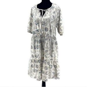 Sonoma Dress Blue White Boho Baby Doll Tassel Tie Buffet Style Women sz M #1701